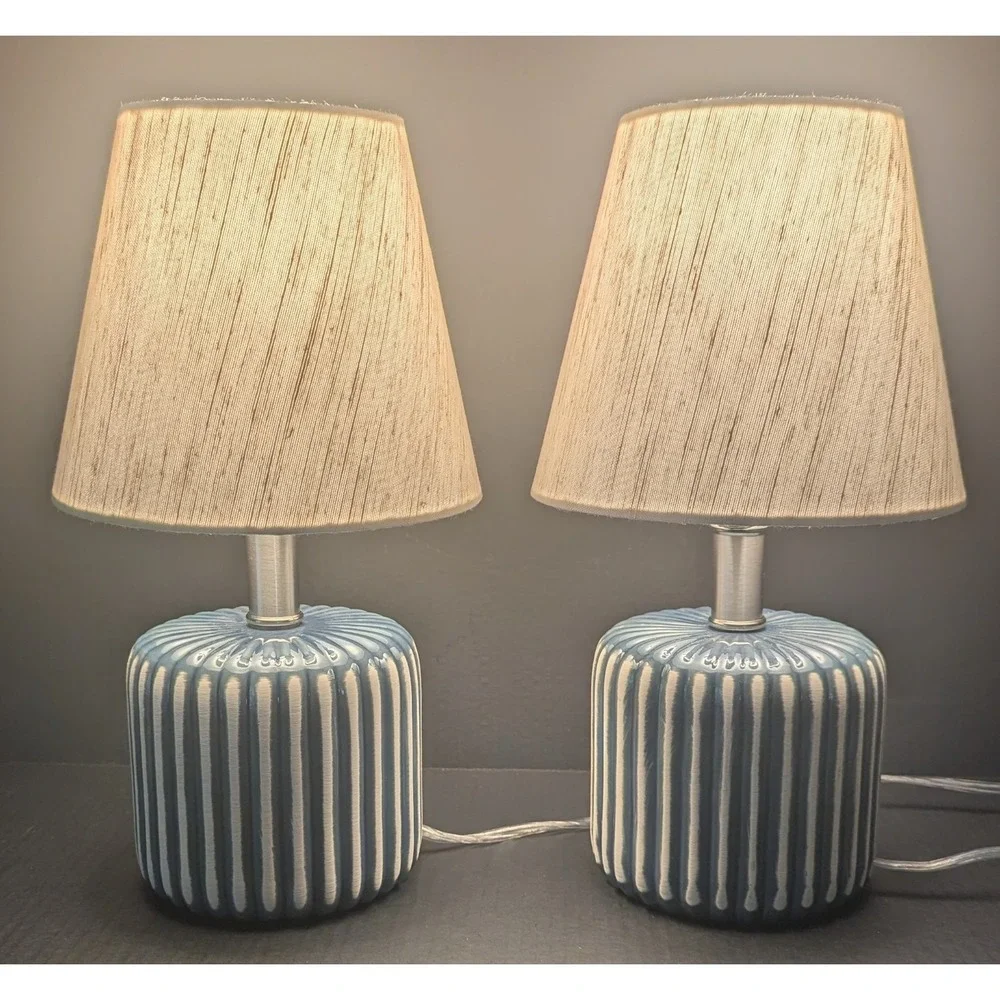 Blue and White Striped Glossy Ceramic Table Lamps Set of Two W/Linen Shades